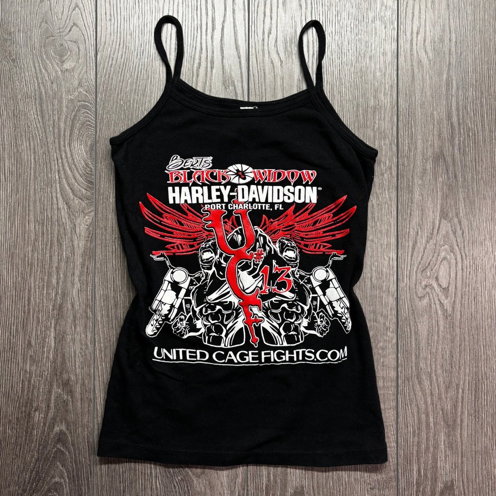 HarleyDavidson Y2k Small Black Widow United Cage Fights Graphic Cami Tank Top